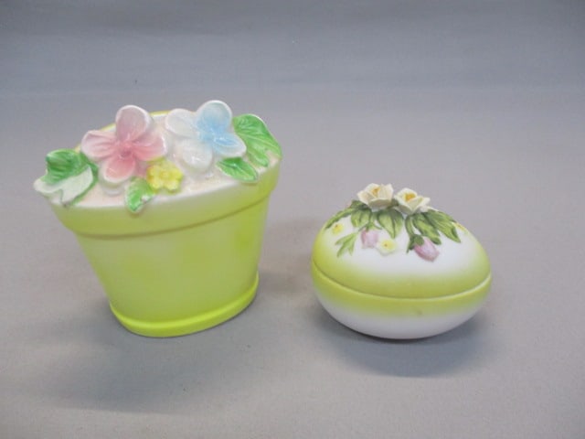 Lefton Egg Trinket Box & Yellow Flower Pot Napkin Holder: .