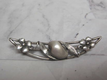 Antique Natural Pearl and Sterling Silver Brooch: .