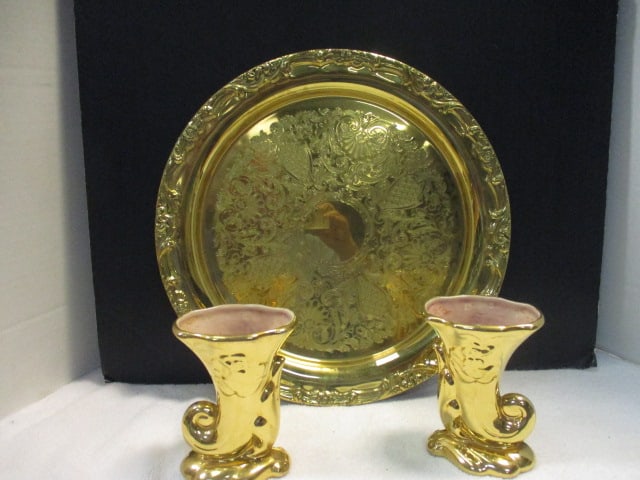 Pair of Mid Century Modern Gold Cornucopia Vases and Goldplated Tray (1 of 9)
