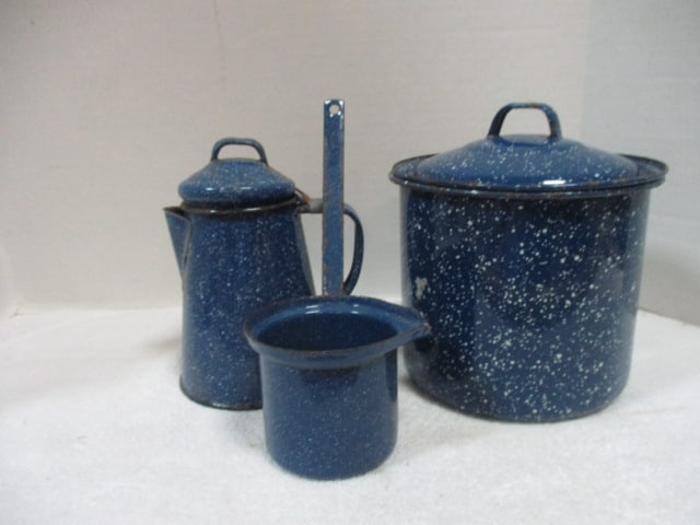Vintage Blue Speckled Metal Bean Pot, Ladle, and Small Coffee Pot: see pictures and preview for selection and condition