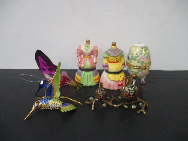 Porcelain Pill Boxes, Enamel Birds on a Branch Pill Box and Two Hummingbird: Window Hangers