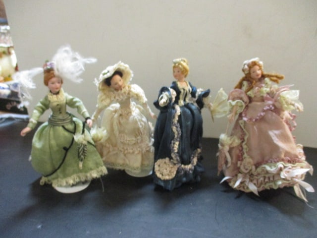 Four Miniature Victorian Dress Porcelain Dolls with Stands (1 of 9)