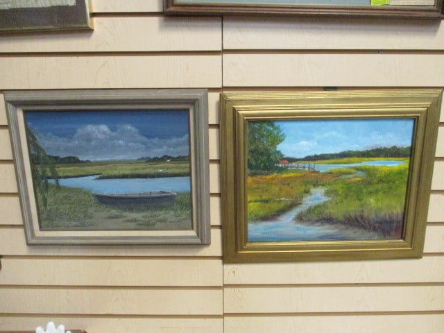 Two Framed Artist Signed Marsh Landscape Paintings on Board: Row Boat Signed Arthur Adams-16 3/4" x 13 3/4", Dock Marsh Signed Pegi Newton-18 1/4" x 15 1/4", both signed in lower right corner, Local Pickup Only