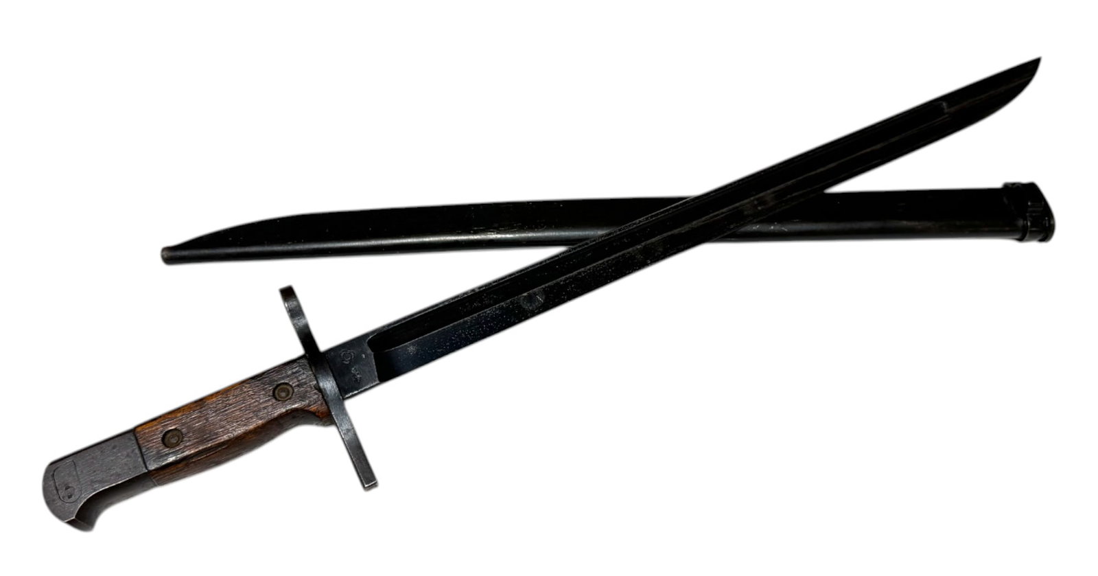 Excellent Japanese WWII National Denki Type 30 Bayonet & Scabbard: Maker: National Denki under Kokura supervision | Straight Quillon | Incredible blue finish on blade, nice sharp edge, and crisp markings. Wood grip panels are excellent. Push button works great. Seria