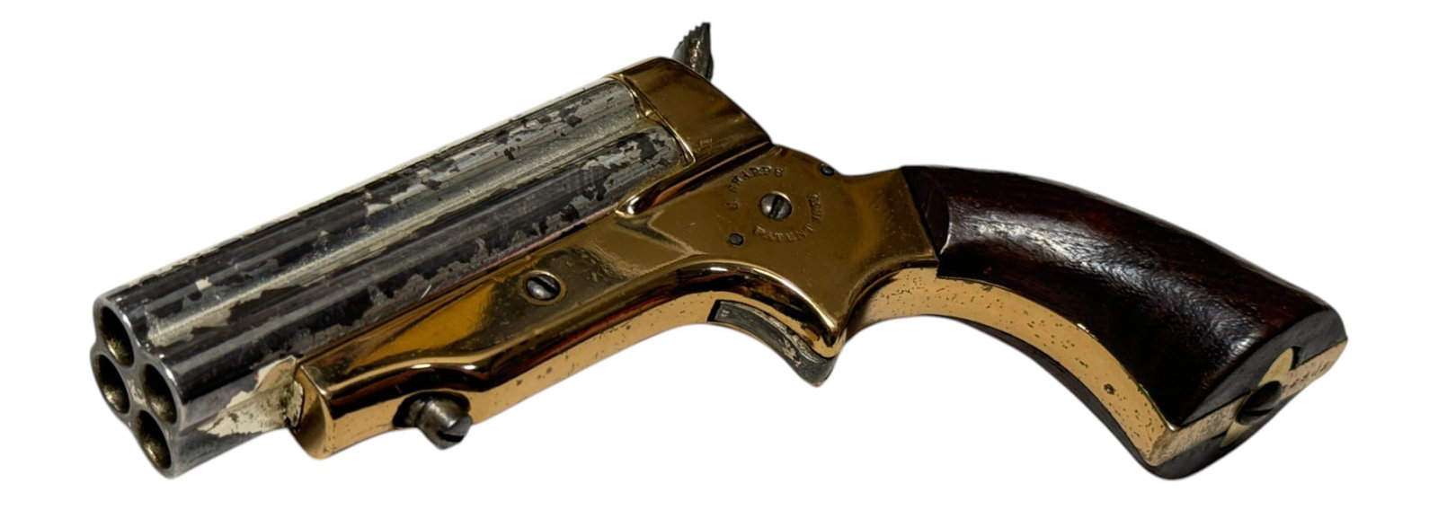 Antique C. Sharps & Co. Model 2 Four-Barrel .30 RF Patent 1859 Pepperbox Pistol: S#: 16908 | 3” Barrel | 4 Rounder Pepper Box with a Rotating Firing Pin | Believed to be .30 RF |||| CONDITION: Good. Frame looks like polished brass with a nice surface with visible markings. A