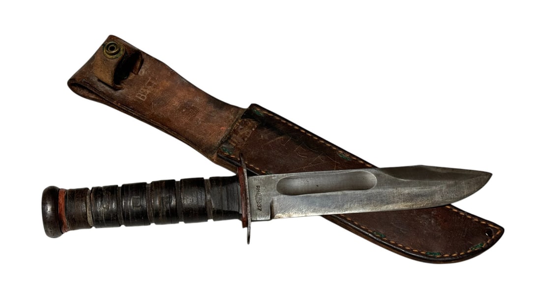 Rare & Named WWII US Navy marked PAL RH 37 Fighting Knife with Leather Scabbard (1 of 16)