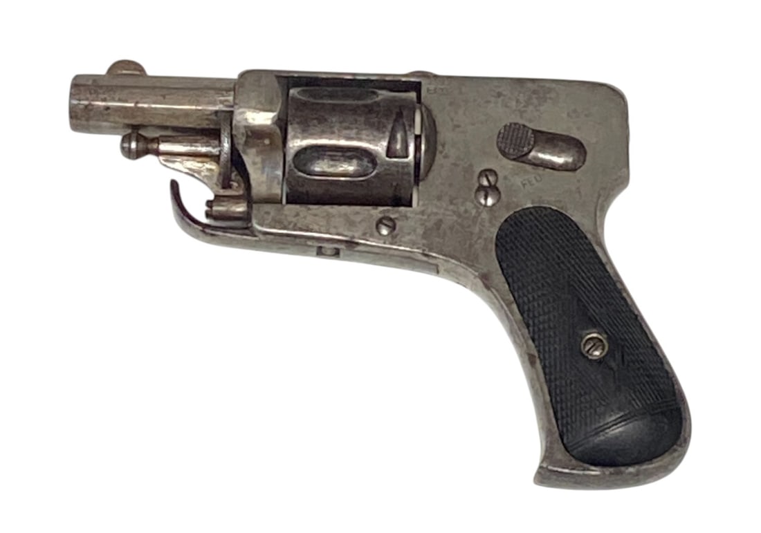 Belgian Velo Dog 6.35mm Hammerless Revolver (Low Serial): S#: 97 | 5 Round Cylinder of 6.35mm | Hidden Trigger DA Only |||| CONDITION: Fair. 10% Original Blue Finish | Walnut Grips, Mechanically Functions, Bore is Good. https://youtu.be/_0u-goJaPGs?si=aHglti