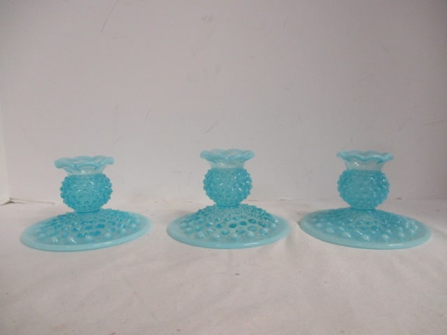 Set of Three Fenton? Blue Opalescent Hobnail Candlestick Holders. (1 of 9)