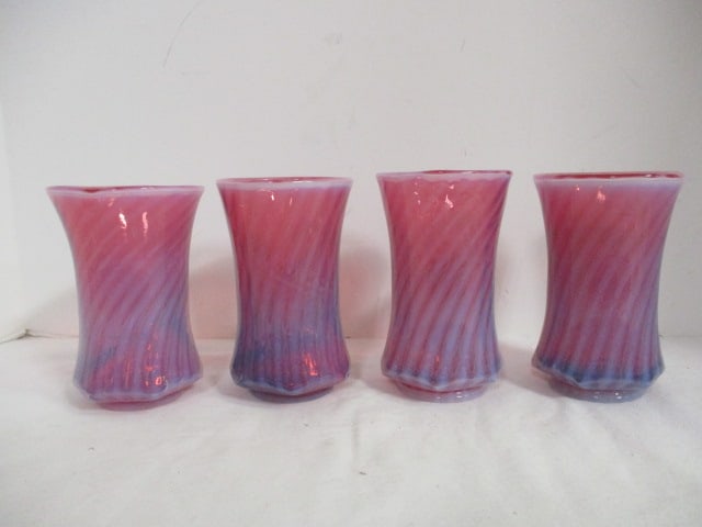 Fenton? Cranberry Opalescent Swirl Water Set of 4 Heavy Tumblers. (1 of 6)