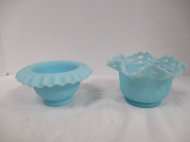 Fenton Blue Satin Milk Glass Ruffled Bowl and Basketweave Bowl.: 5 1/2 x 3'' and 5 1/2 x 3 1/2''.