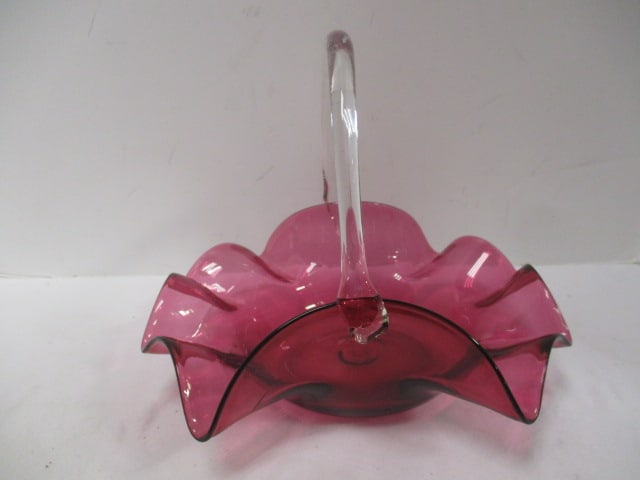 Handblown Cranberry Art Glass Basket with Handle.: 10 x 7''.