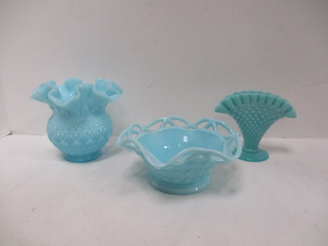 Vintage Blue Milk Glass Cut and Block Ruffled Vase, Mini Hobnail Fan Vase.: Blue Milk Glass Basket Weave Ruffled Edge Bowl. See Pictures.