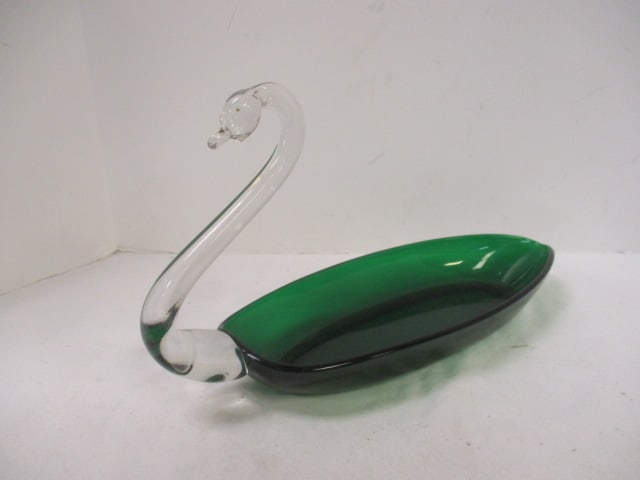 Emerald Green and Clear Glass Swan Dish.: Dish 11 x 5''.