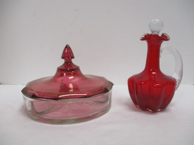 Cranberry Glass Divided Candy Dish with Lid and Gibson Ruby Red Cruet. (1 of 13)