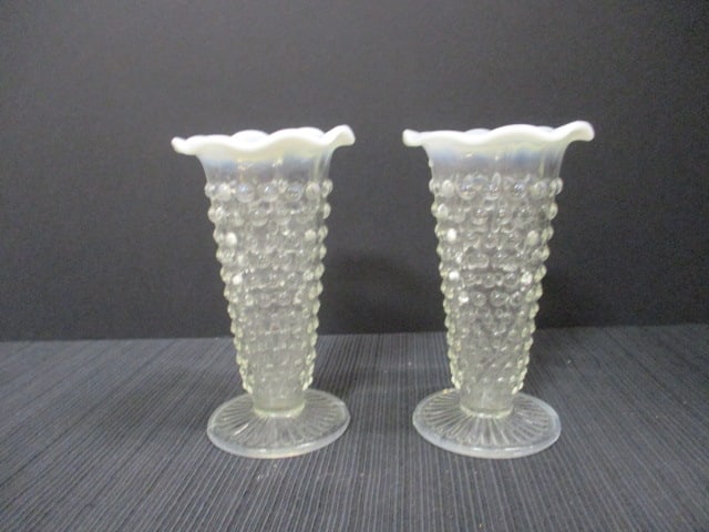 Pair of Moonstone Clear Opalescent Hobnail Vases.: 5 1/2'' Tall.