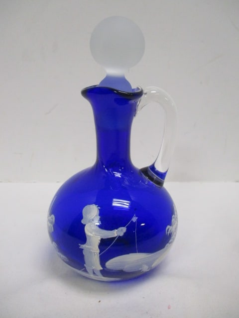 Royal Blue Mary Gregory Cruet with Stopper, Boy Fishing. (1 of 7)