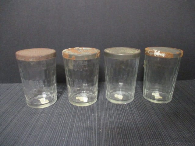 Set of 4 "American Quality Snuff" Metal Lids with Glasses.: 4'' Tall.