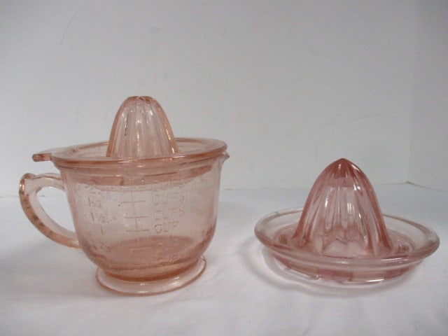 Pink Depression Glass Juicer and 2 Cup Measuring Cup Combination, and Pink Juicer.: See Pictures for Details.