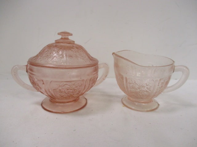 Pink Depression Glass Creamer and Sugar with Lid.: See Pictures for Details.