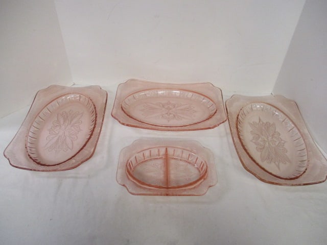 Pink Depression Glass; Three Oval Trays/Shallow Bowls, Divided Relish Dish: Dish 8 1/2 x 6''. Trays 12 x 8''.
