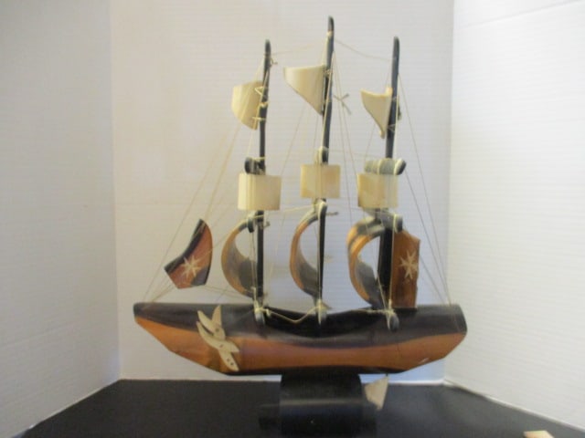 Vintage Hand Constructed Bamboo Model Ship: approx. 16" long x 20 1/2"h, few untied sail strings