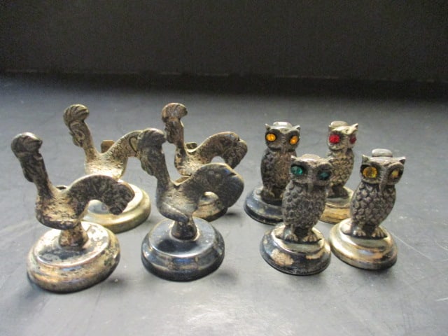 Vintage 1930-40s Place Card Holders: (4)Owls with jeweled eyes 1 1/2"h, (4)1 3/4" roosters, per consigner possibly sterling over brass-No markings