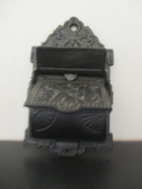 Vintage Cast Iron Match Stick Holder with "Venus Kissing Cupid" Design: Marked LB-13 on back, 3 1/4" x 6 1/4" x 2"