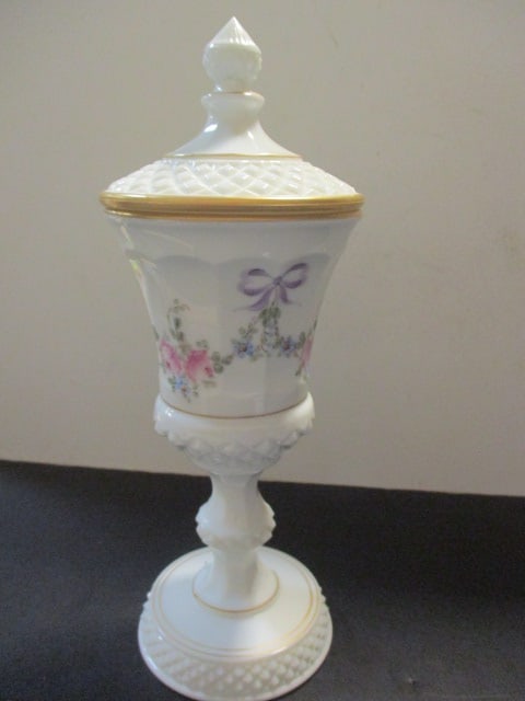 Handpainted Westmoreland Glass Milk Glass Pedestal Lidded Urn: 12 3/4"h, Excellent condition, Westmoreland Glass maker's mark on bottom edge