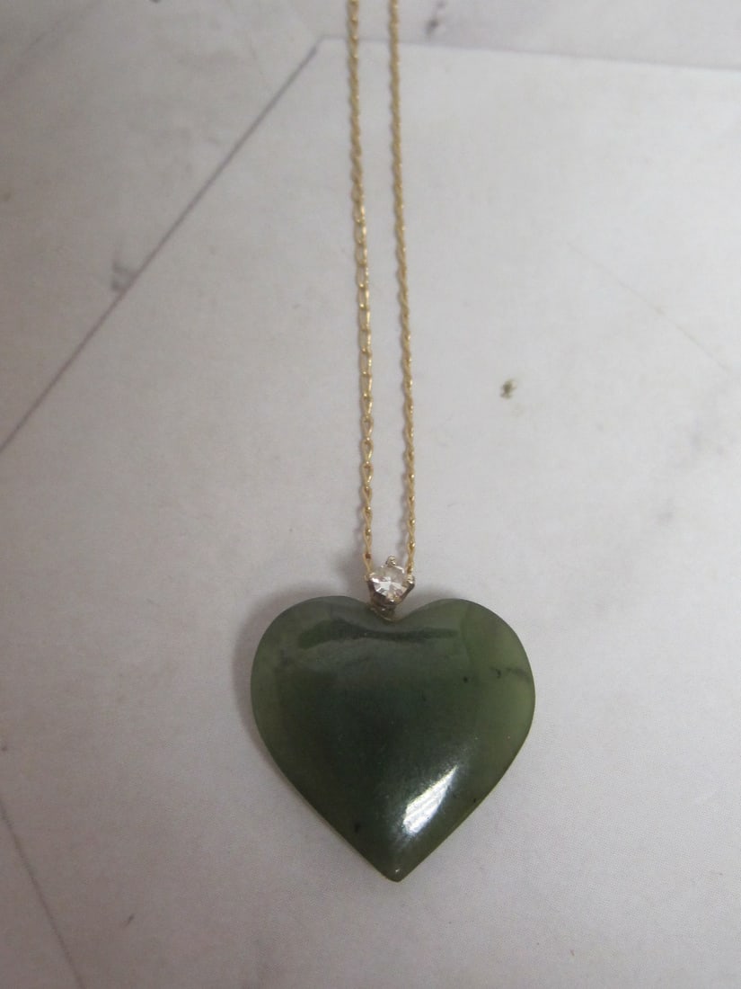 Jade and Diamond Heart Pendant on 14k Gold 18" Chain (1 of 4)