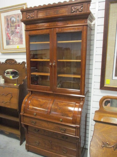 Beautiful Antique 1878 Victorian Walnut and Burl Cylinder Desk with Bookcase (1 of 11)