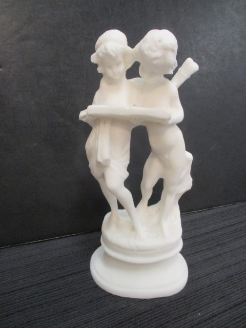 Late 1800's Parian Bisque Porcelain Figure of Girl and Cherub with Book: 10"h, date per consigner note