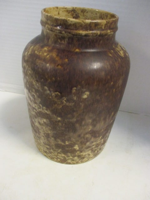Vintage Brown Spongeware Yellowware Jug: 9 3/4"h, few old chips on bottom edge and rim