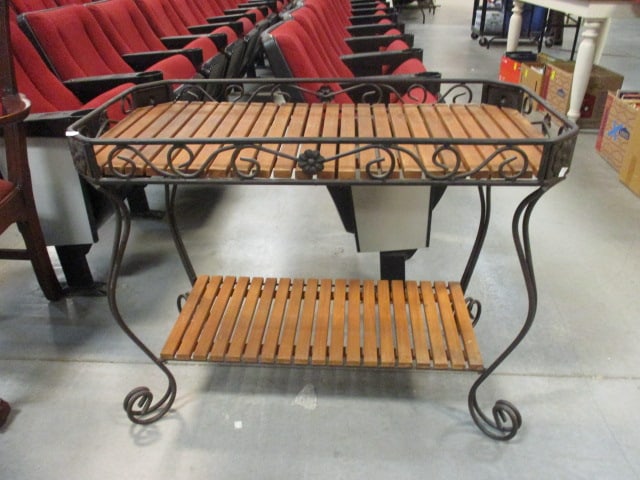 Tiered Wrought Iron Wood Slat Table: 35" x 18 1/4" x 28", Local Pickup Only