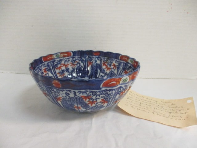 19th Century Imari Underglaze Porcelain Bowl: 6"dia x 3"h, per note from The Polished Antique mall "Nineteenth century Imari bowl in underglaze blue with iron red over painting. Touches of green over painting. This has the typical center section