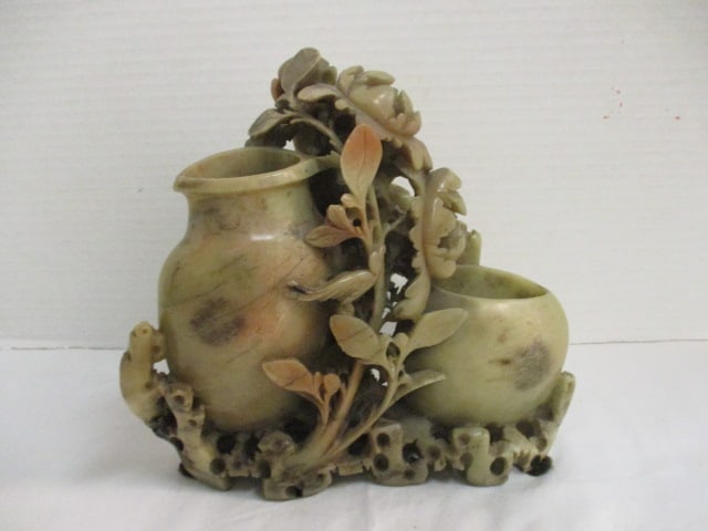 Vintage Carved Jade Double Bowl Vase (1 of 7)