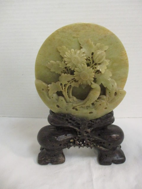 Vintage Chinese Soapstone Sculpture with Bird and Flowers in Stand (1 of 8)