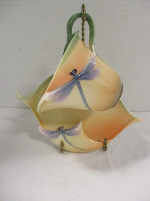 Franz Porcelain Dragonfly Cup & Saucer: Marked FZ00212, signed by artist, underglaze painted, includes stand