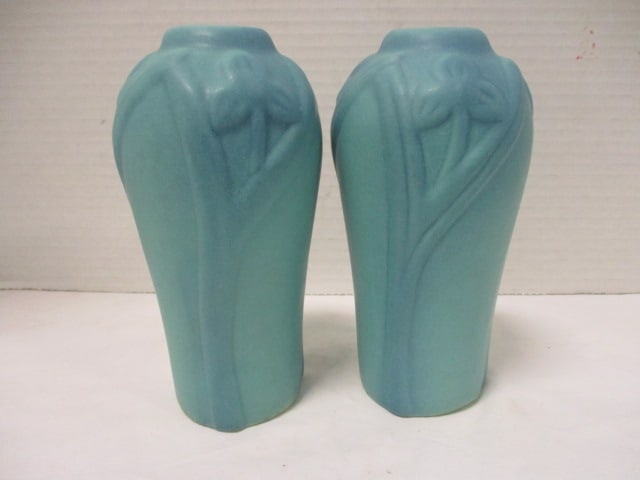 Pair of Van Briggle Pottery Ming Blue Glaze Daffodil Vases (1 of 5)