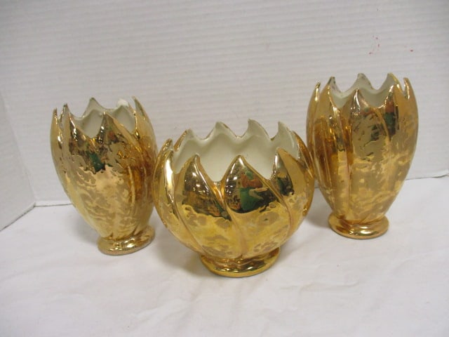 Vintage Weeping Hollywood Regency Style Gold Warranted Vases: Rose bowl vase 4 1/2"h, (2)5 1/2"h-one has chip on point