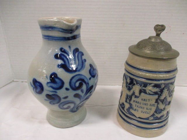 Vintage Stoneware Pitcher and German Tankard Stein with Pewter Lid (1 of 12)