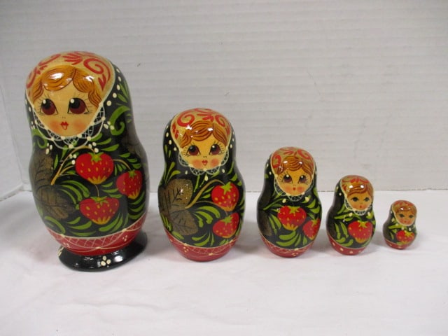 5 Piece Handpainted Russian Nesting Dolls: largest 4 3/4"h, has made in Russian sticker on bottom