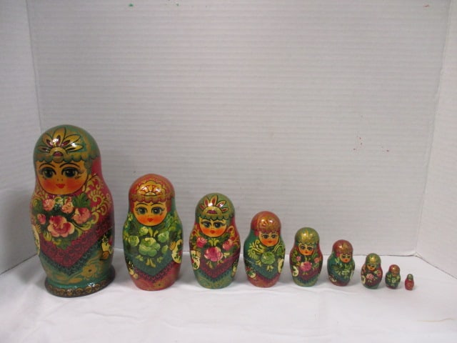 Signed 9 Piece Handpainted Russian Nesting Dolls (1 of 10)