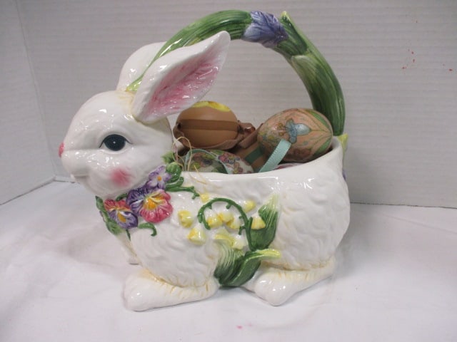Majolica Style Rabbit Form Basket with Handpainted Eggs: 8"h, slight crazing