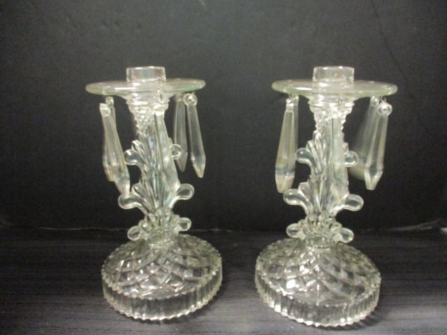 Pair of Diamond Point Pressed Glass Pedestal Candle Sticks with Prisms (1 of 6)