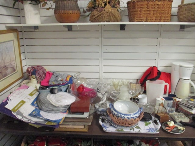 Table of Treasures-Gevalia Coffee Maker, Wine Glasses, Framed Prints, Light Shades, etc.: Hartmann