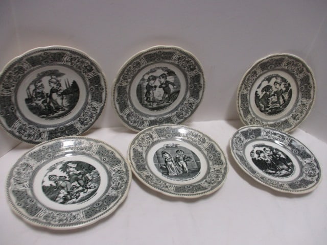 6 Vintage Gien (France) "Language of Flowers" Transferware Plates: 7 3/4" each, chips