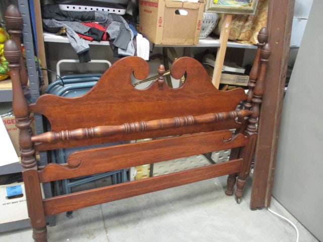 Vintage Federal Style Full Size Wood Bed Frame with Wood Rails: 58" x 62", one wheel is unattached, Local Pickup Only