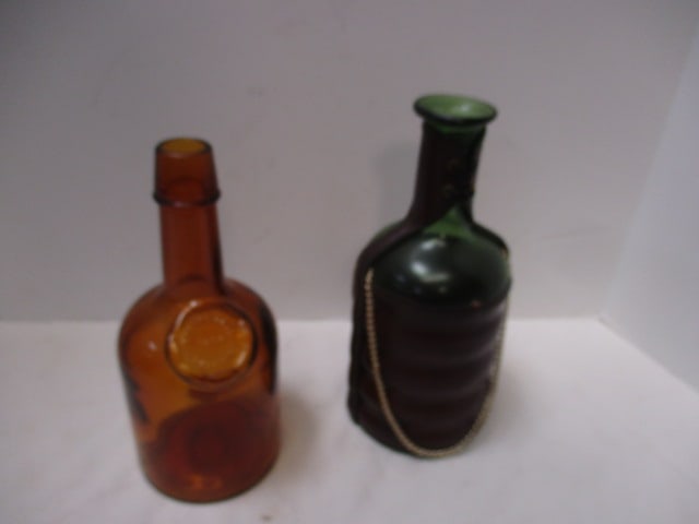 2 Vintage Colored Glass Bottles - 1 with Bottle Cover (1 of 4)