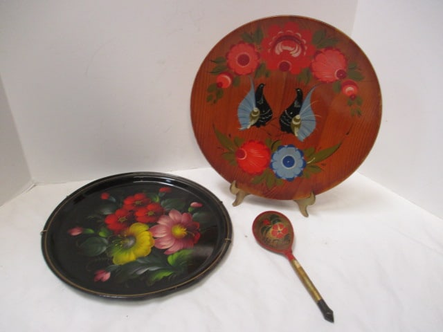Vintage Handpainted Metal Tray and Wood Platter and Spoon - Made in USSR: includes brass plate/picture easel