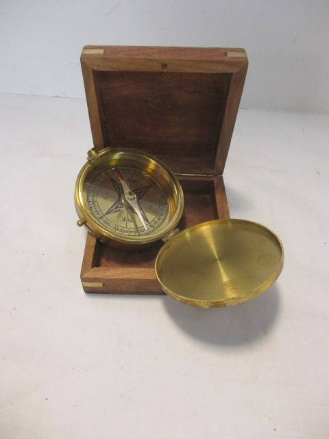 Vintage Nautical Brass Compass in Wood Box (1 of 6)